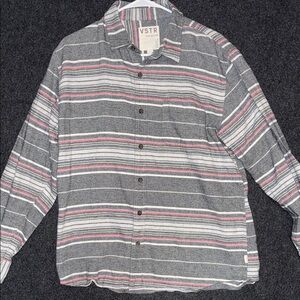 VSTR Men's Striped Button Down Shirt - Gray, Red, and White